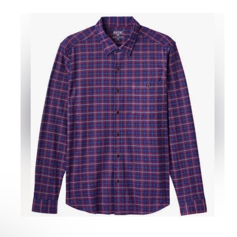 Rhone Hardy Flannel Shirt Ocean Cavern Plaid Blue Red Mens Large L Long Sleeve
